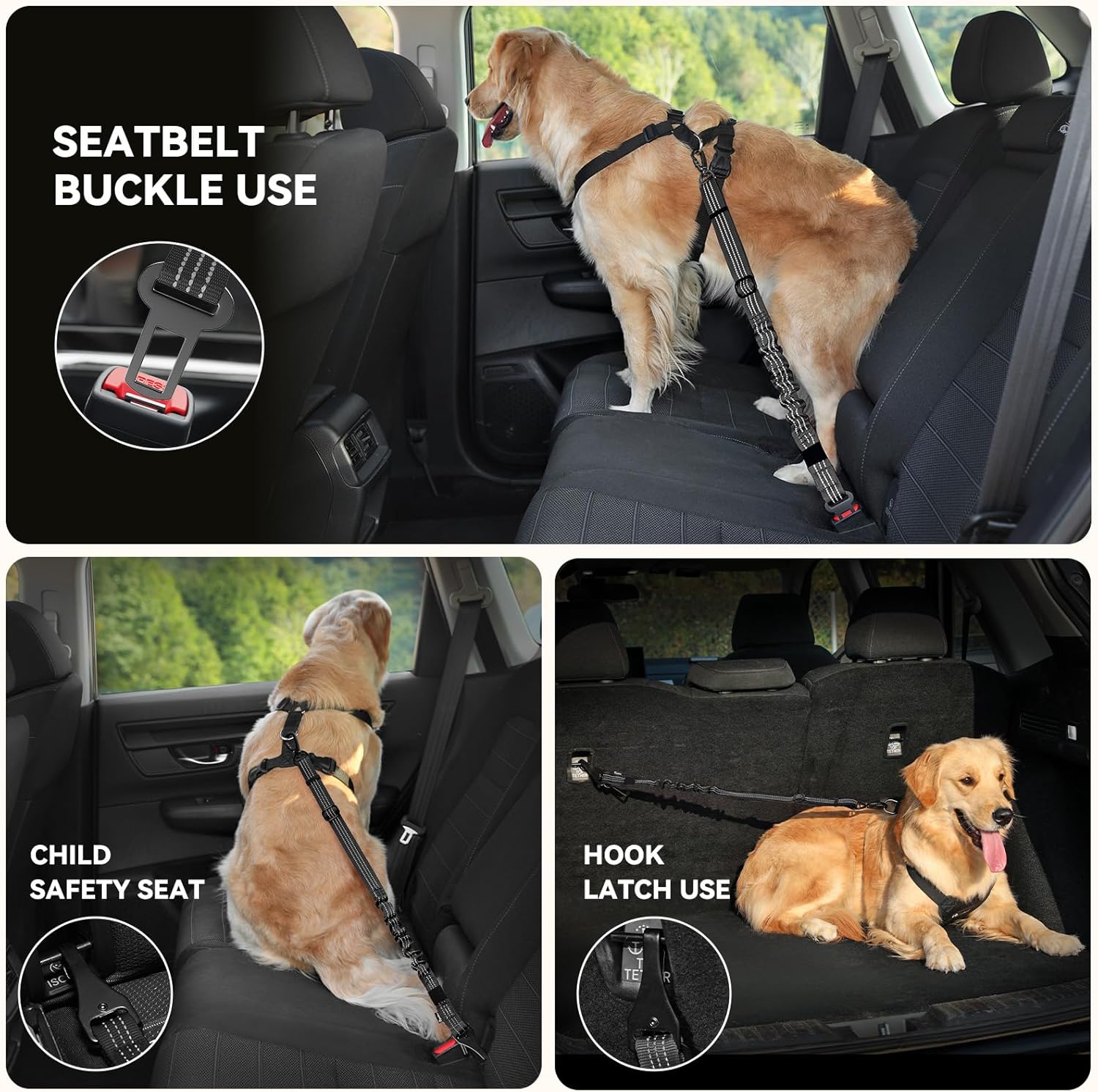 Pawaboo Dog Seatbelt for Car, 3-in-1 Dog Seat Belt Bungee, Shockproof Dogs Tether for Car with Buckle & Hook Latch, Adjustable Reflective Dogs Cars Harness Leash with 360° Lockable Buckle, Black