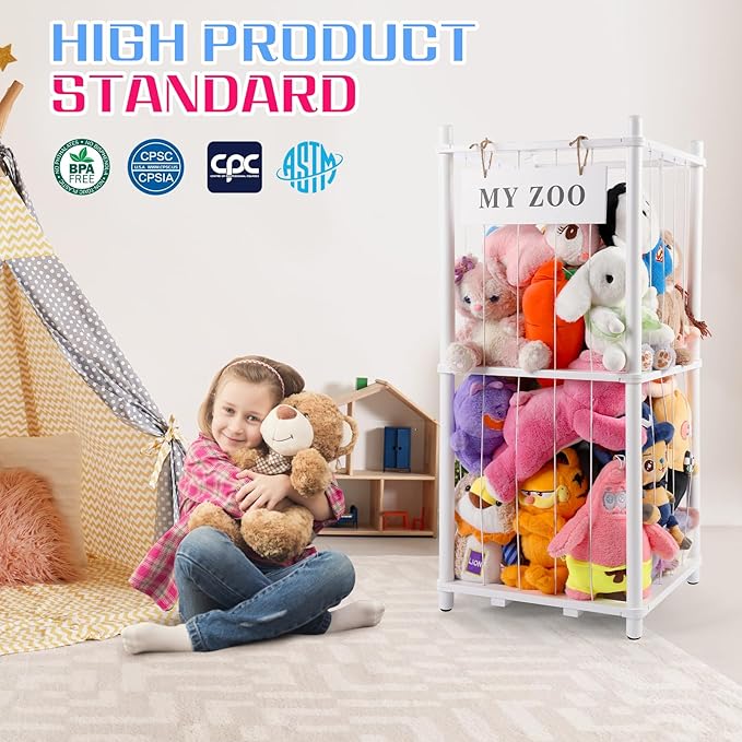 Stuffed Animal Storage Zoo, Wooden Stuffed Animal Organizer with Elastic Cords for Boys Girls, Space Saving Toy Plushies Storage Holder for Playroom, Bedroom, Living Room (White, Small)