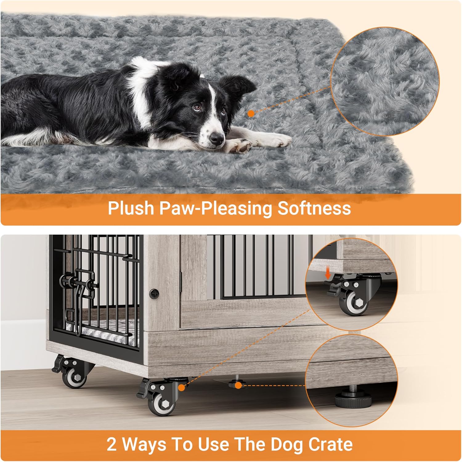 Lulive Small Dog Crate Furniture Set of 2, Dog Kennel Indoor Double Doors Wooden Dog Cage, 27'' Heavy Duty Dog Crate with Cushion & Wheels, End Table Pet House Chew-Resistant Up to 30 lb, Grey