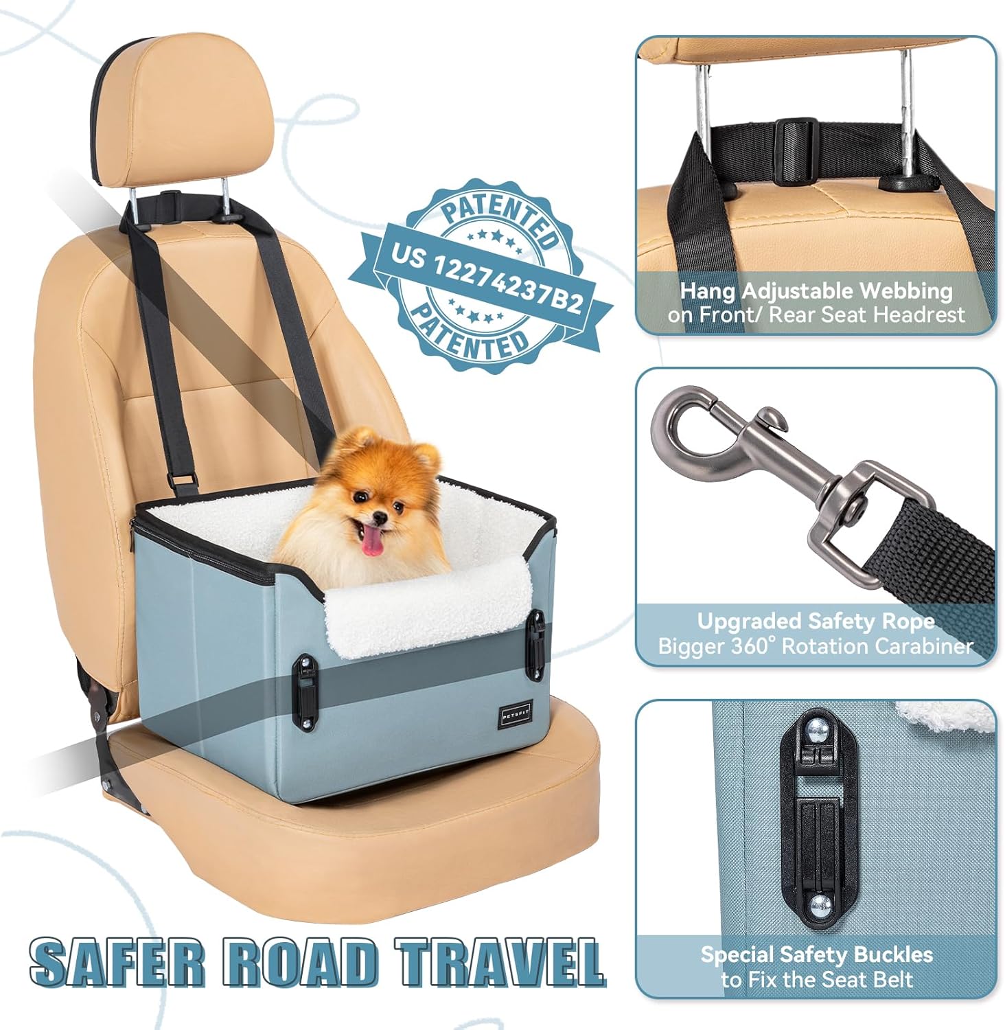 PETSFIT Dog Car Seats for Small Dogs, Patent Safe Buckles Dog Booster Car Seat, Pet Car Seat with Safety Belt, Suitable for Small Pets Up to 25lbs (Mint Green)