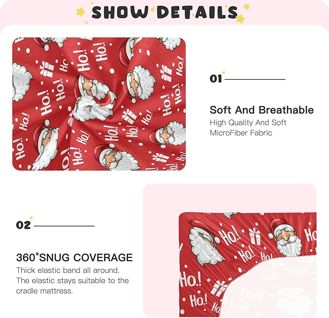 Christmas Santa Hohoho Crib Sheets Soft Breathable Fitted Baby Playard Sheets Mattress Cover for Girl Boy, 39" x 27" x 5"