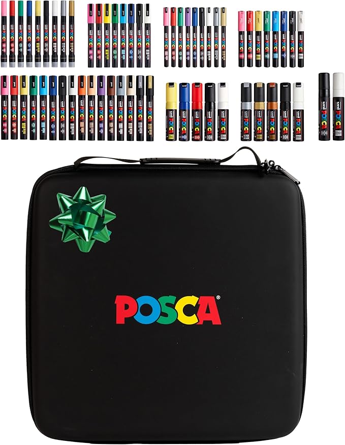 Posca Exclusive Holiday Paint Markers Gift Set of 62 with Case, Great for Kids and Adults, For Coloring Christmas Decorations, Canvas, Glass or Wood, Includes 350, 1MR, 1M, 3M, 5M, 7M, 8K, & 17K
