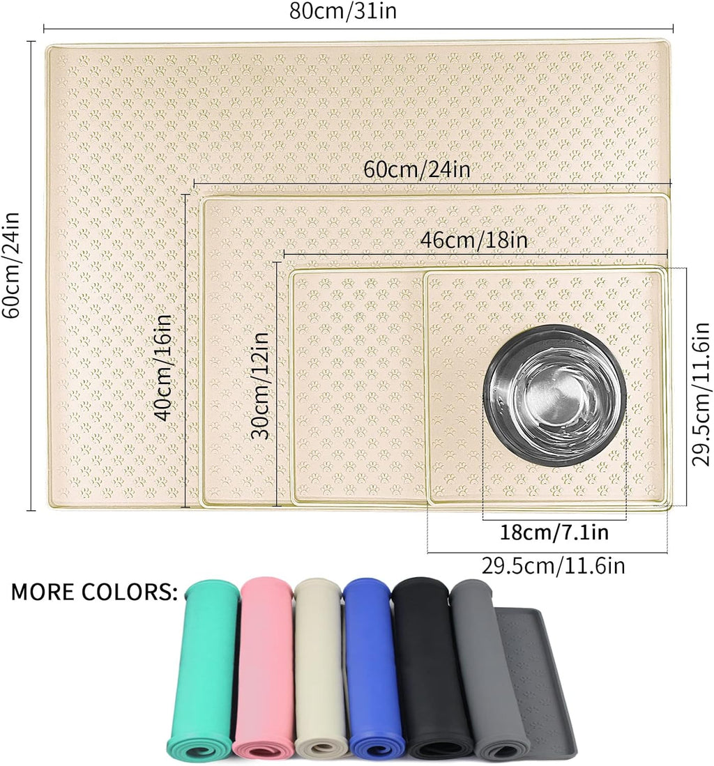 Ptlom Silicone Pet Placemat for Dog and Cat, Waterproof Anti-Slip Pet Feeding Bowl Mats for Food and Water, Small Medium Large Tray Mat Prevent Residues from Spilling to Floor, Beige, 31.5" 23.6"