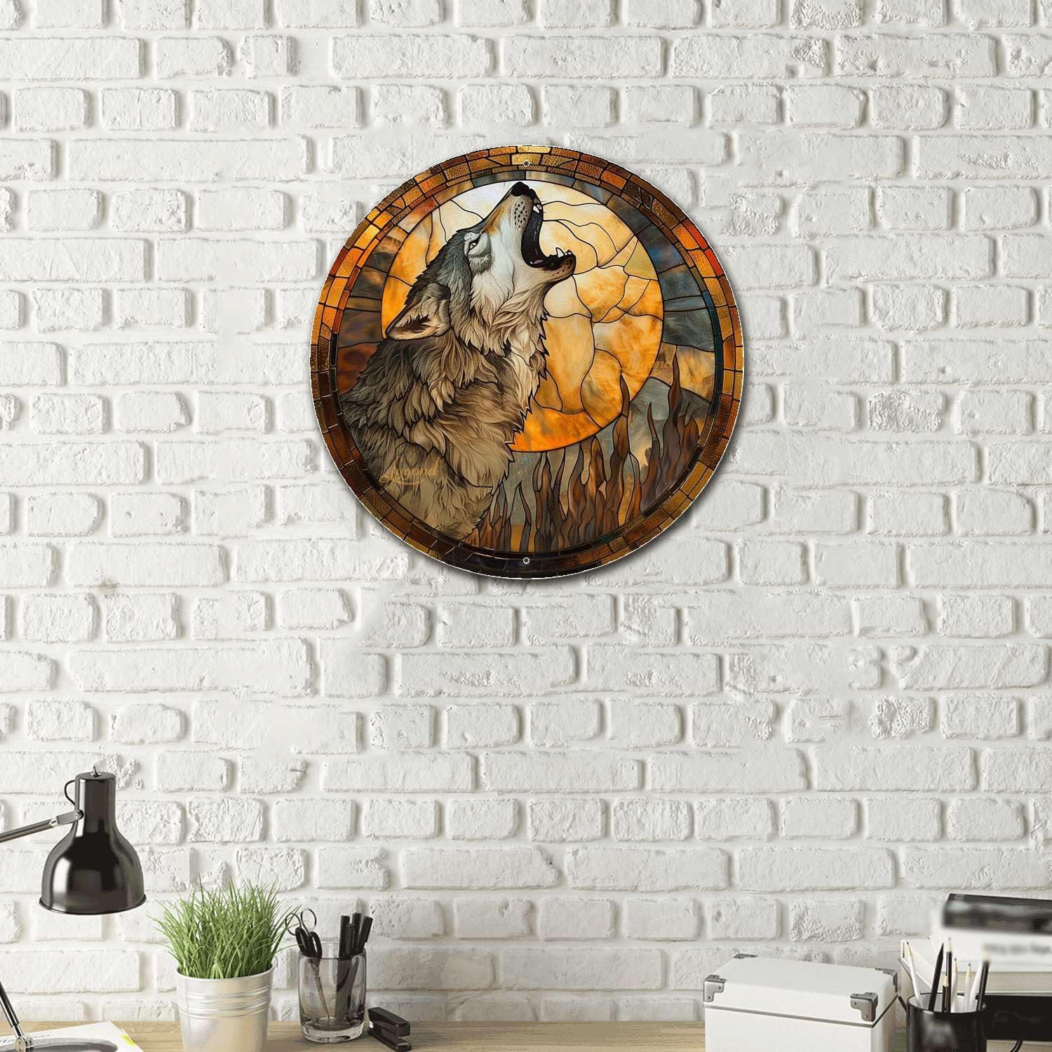 Lygond Metal Sign Tin Sign Circular Stained Glass Gray Wolf Bar Signs for Home Bar for Bar 8×8 Inches