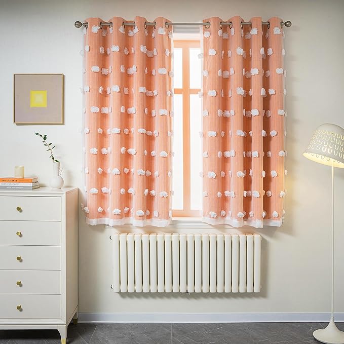MYSKY HOME Bedroom Curtains Orange Blackout Curtains for Nursery Kids Room 63 Inch Long Double Layer Curtains for Daughter Room White Pom Pom Sheer Grommet Room Darkening Window Curtains, 52" x 63"