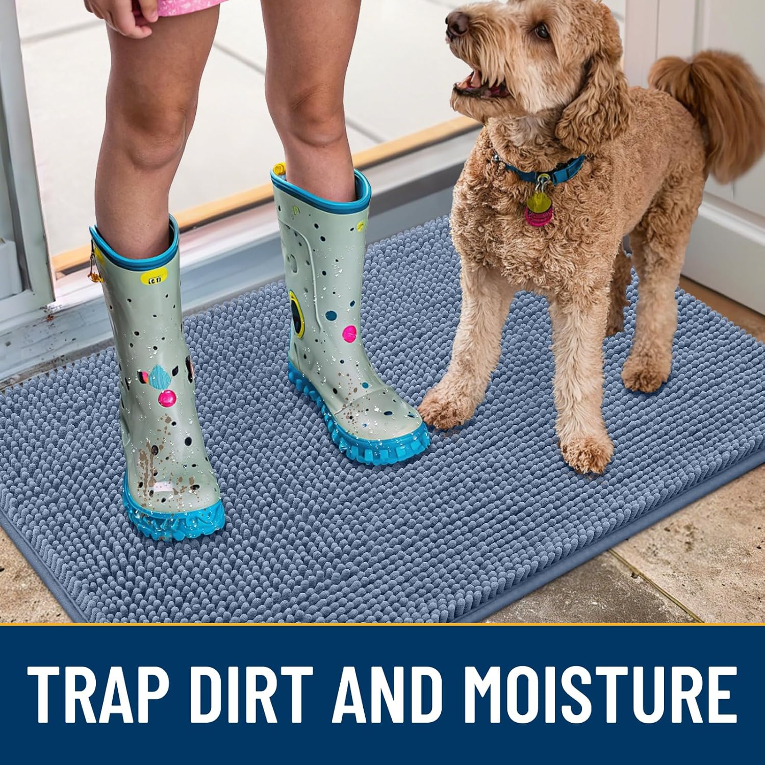 Smiry Dog Door Mat for Muddy Paws 30x20, Absorbs Moisture and Dirt Doormat, Non-Slip Washable Quick Dry Chenille Front Door Mat Indoor Entrance, Entryway Carpet for Inside Floor, Airy Blue