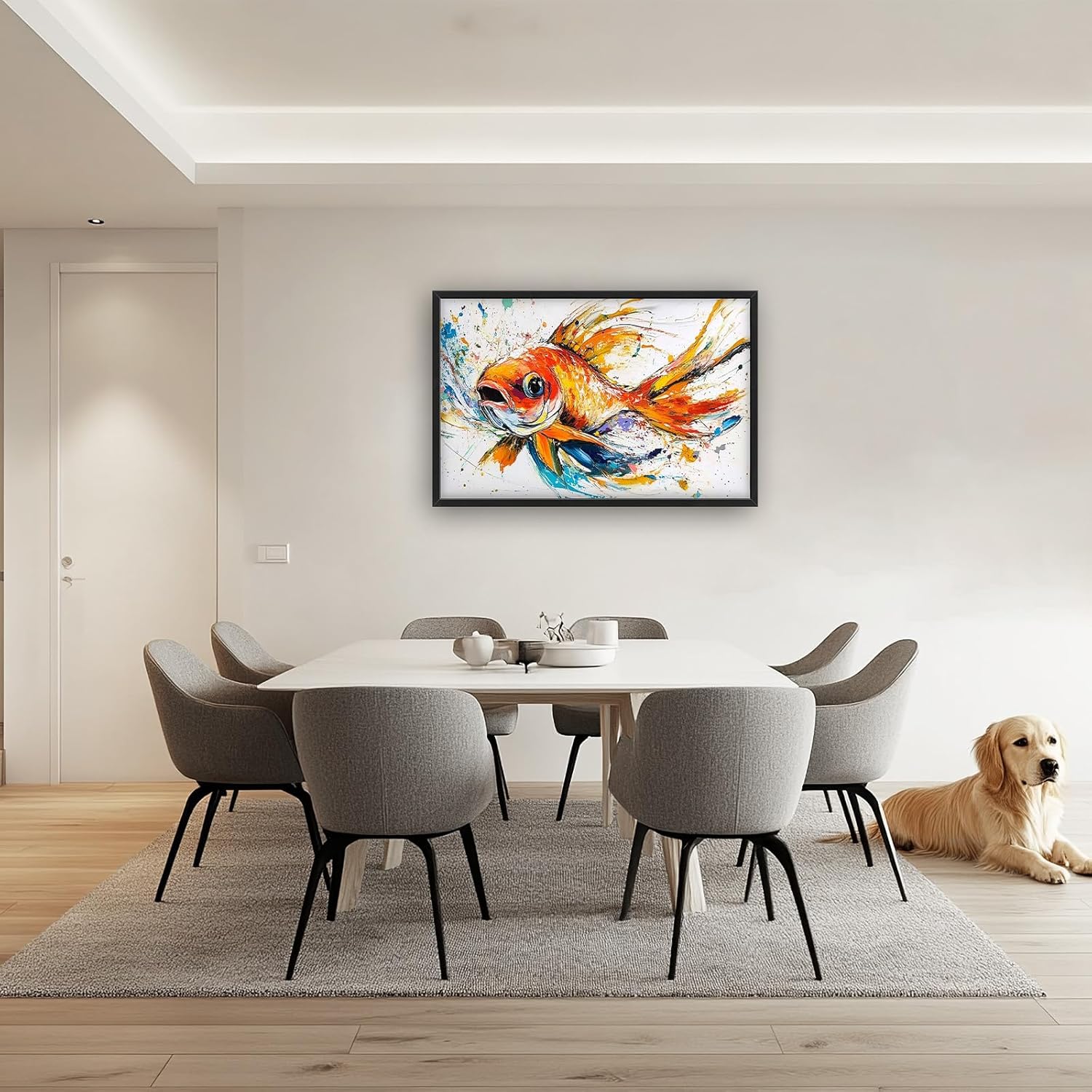 Framed Large Fish Wall Art for Living Room, Oversized Graffiti Goldfish Wall Decor Watercolor Fishing Canvas Painting Modern Artwork Home Decoration for Living Room Bedroom Office 36"x24"