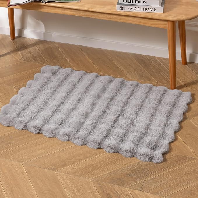 Ashler Home Deco Faux Fur Area Rug, Light Grey, 3' x 2' (Rectangular), Fluffy, Machine Washable, Non Slip