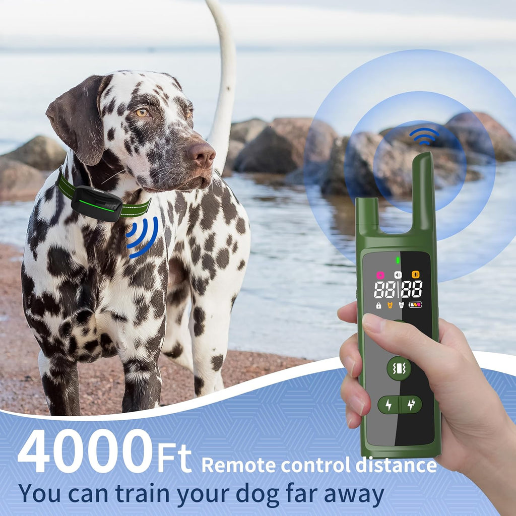Dog Training Shock Collar 4000FT Dog Bark Collar with Remote IP67 Waterproof 4 Training Modes Beep Vibration Shock Light Mode Magnetic Charger Electric Dogs Collar 8-25 inches Double shock Olive Green