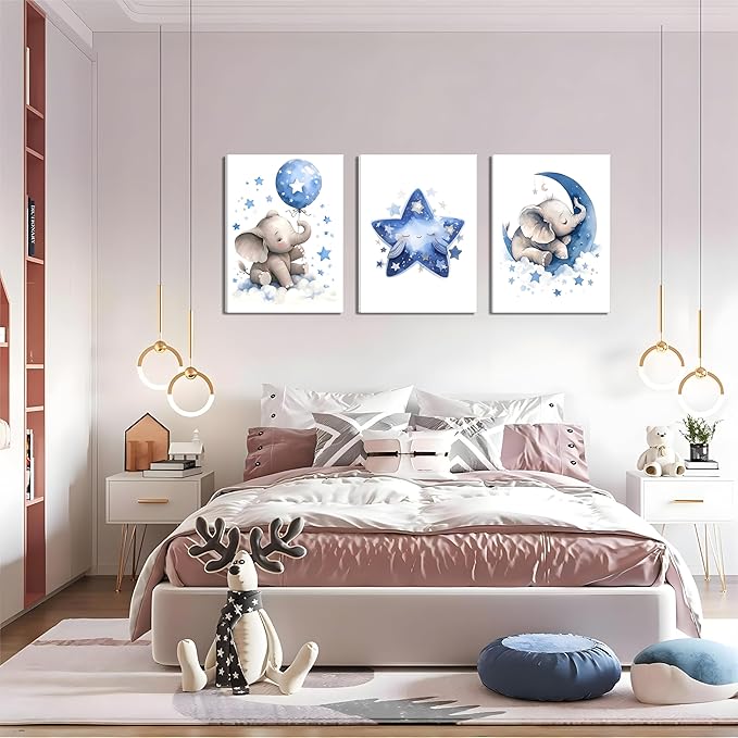 Baby Boy Nursery Canvas Wall Art Set of 3, Blue Elephant Moon and Stars Picture Wall Decor Painting, Cute Animal Baby Girl Nursery Posters Prints for Kids Room Bedroom 16x24 In Framed