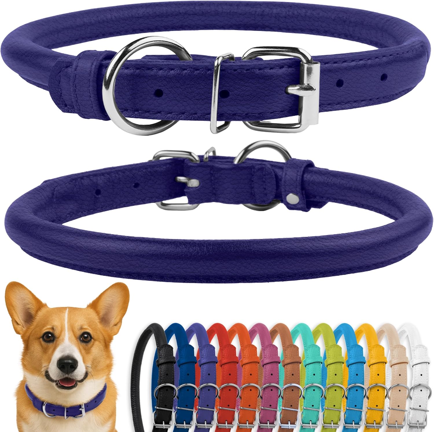 CollarDirect Rolled Leather Dog Collar, Soft Padded Round Puppy Collar, Handmade Genuine Leather Collar Dog Small Large Cat Collars 13 Colors (11-14 Inch, Purple Textured)
