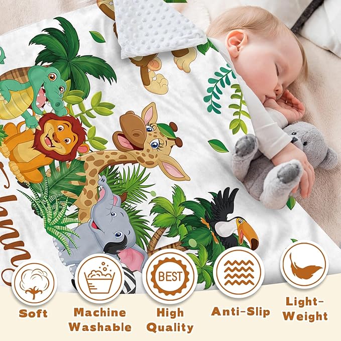Personalized Baby Blanket with Name, Customized Blanket for Newborn Boys Girls, Woodland Animals Flannel Baby Name Blanket with Dotted Backing, Receiving Swaddle, Gifts for New Parents(47"x60)