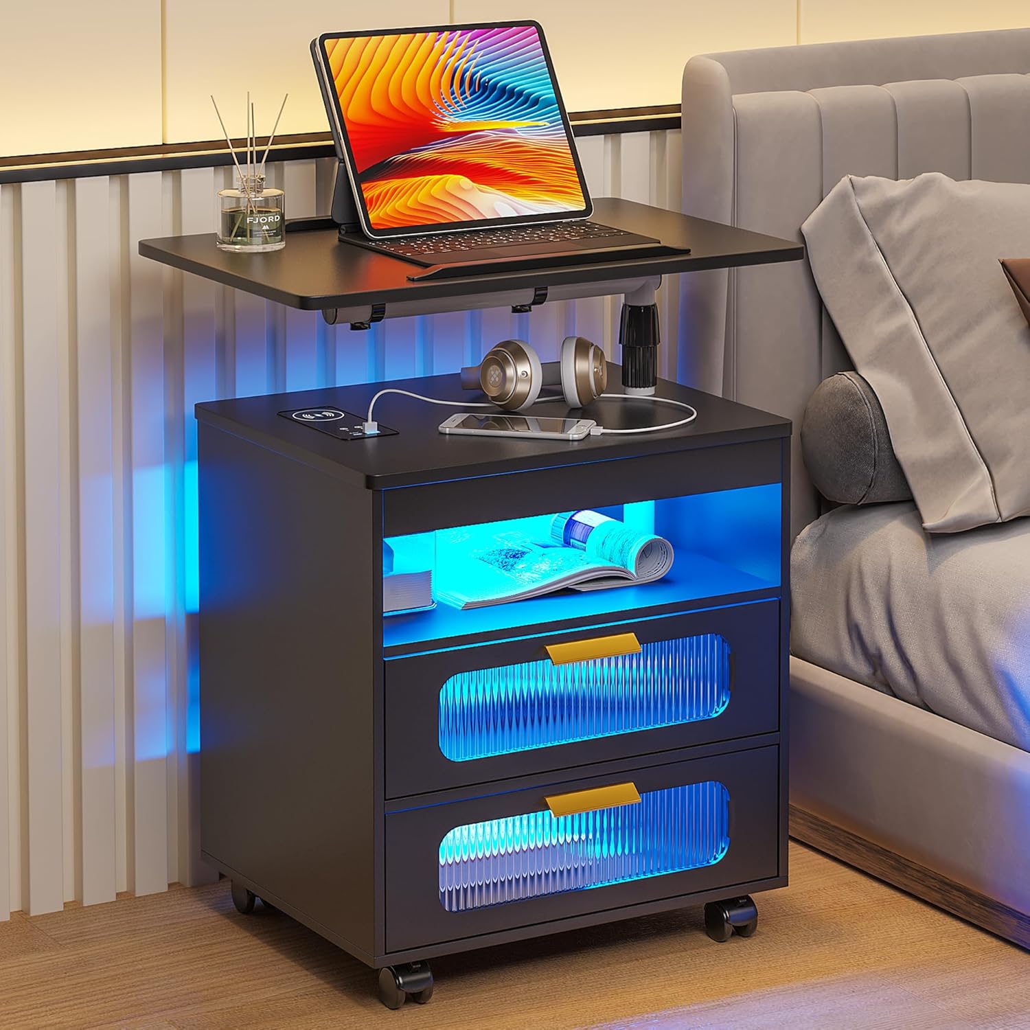 HNEBC Nightstand with Wireless Charging Station, LED Nightstand Has Adjustable Rotary Workstation,Smart Night Stand with 2 Drawers,Modern Bedside Table for Bedroom, Sensor Light/Wheel (Black)
