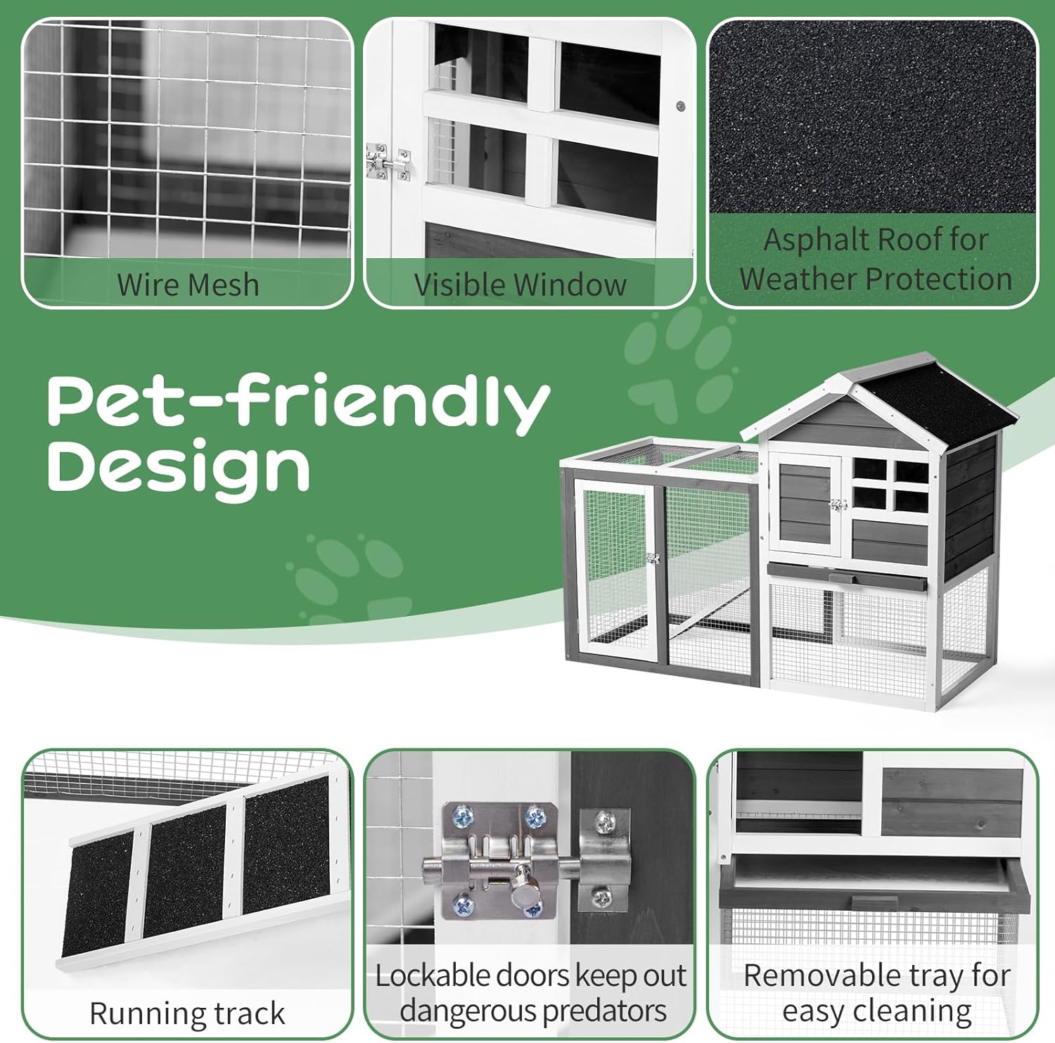 Outvita Rabbit Hutch, Small Wood Chicken Coop, 48" Guinea Pig Cage w/Pull-Out Tray, Waterproof Asphalt Roof, Chicken Run, Interactive Door for Small Animal Pen Outdoor