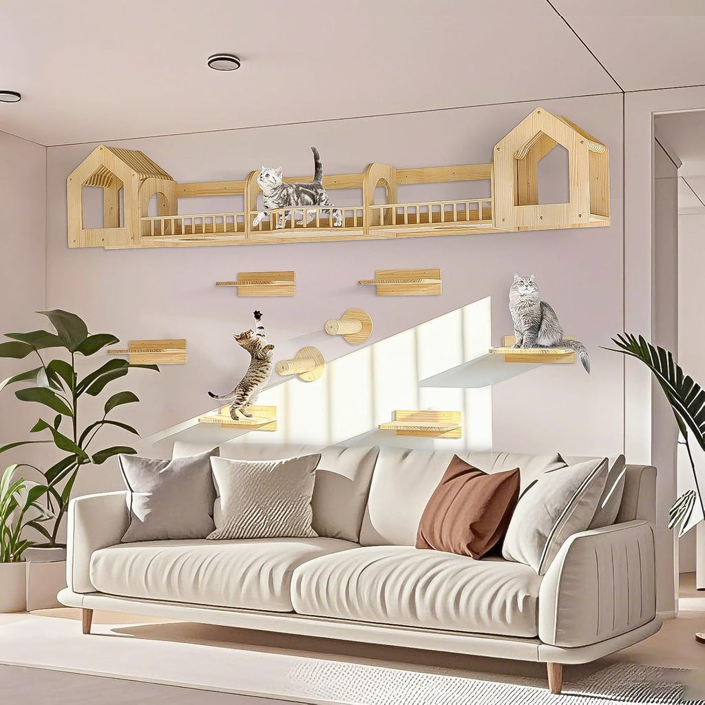 Cat Wall Shelves and Furniture Set with Condos, Perches, Bridge Ladders, Sisal Scratching Posts - Steps and Houses for Cats (D)