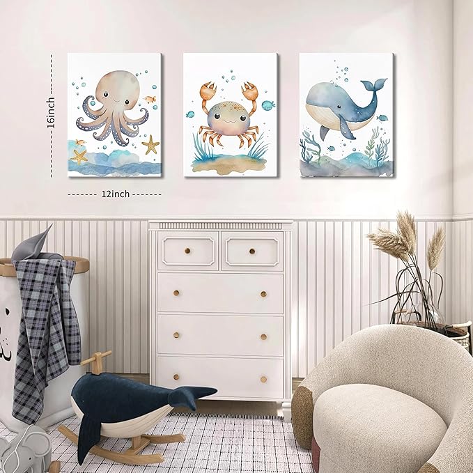 Ocean Nursery Wall Art Set of 3, Sea Animal Baby Boys Room Canvas Wall Decor Paintings, Watercolor Ocean Kids Nursery Posters Prints Pictures for Boys and Girls Room, Bedroom 12x16 Inch Framed