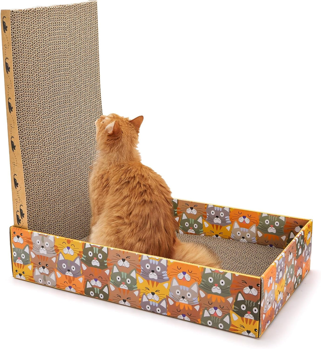 Set of 2 Cardboard Cat Scratchers, 6 Pcs Corrugated Cat Scratch Pad with 2 Boxes, Cute Reversible Kitty Sofa Bed, Refillable Wave Shaped Lounge, Interactive Kitten Toy for Indoor Cats