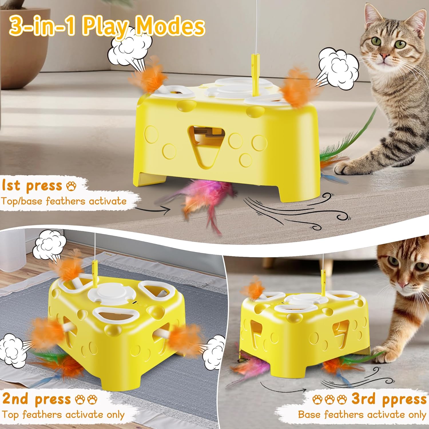 3-in-1 Interactive Cat Toy for Indoor Cats,Automatic Kitten Toys,Flying Bird,6 Holes Mole,Rotating Feather, USB Rechargeable Electronic Interactive Feather Toy for Bored Adult & Kitten Cats