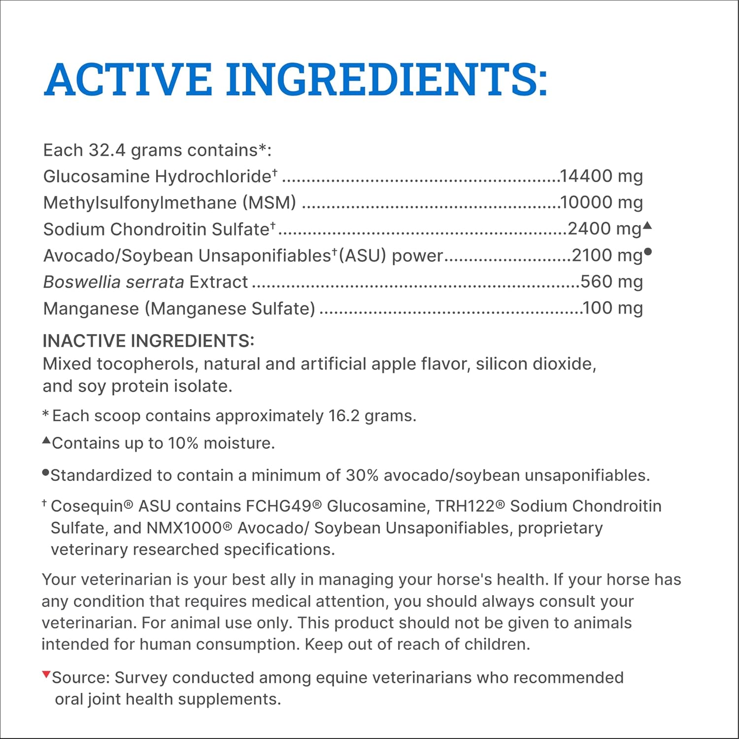 Nutramax Cosequin ASU Joint Health Supplement for Horses - Powder with Glucosamine, Chondroitin, ASU, and MSM, 500 Grams