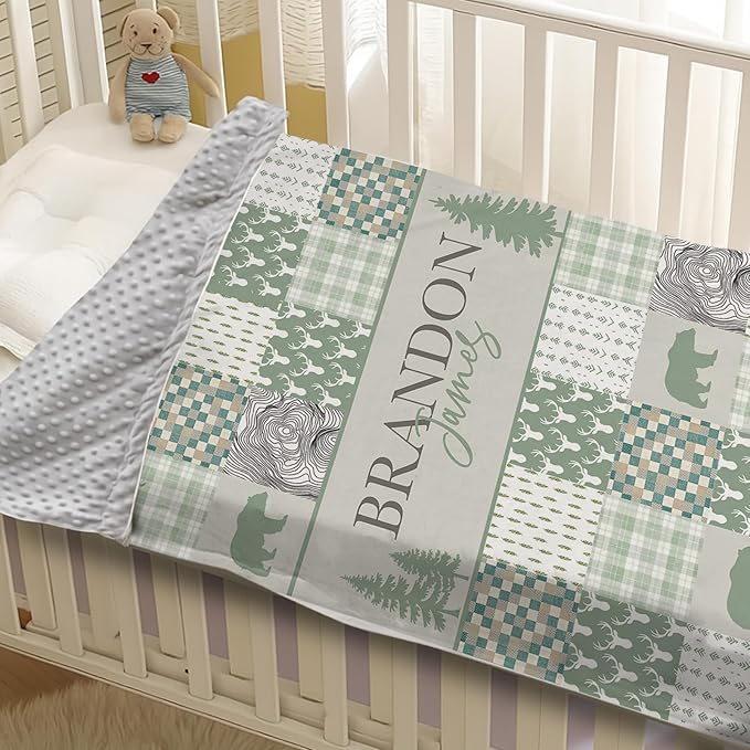 Personalized Rustic Woodland Baby Blanket - Custom Name Bear & Deer Design, Soft Blanket with Double Layer Dotted Backing for Infants Toddlers, Ideal Nursery Decor (47" x60)