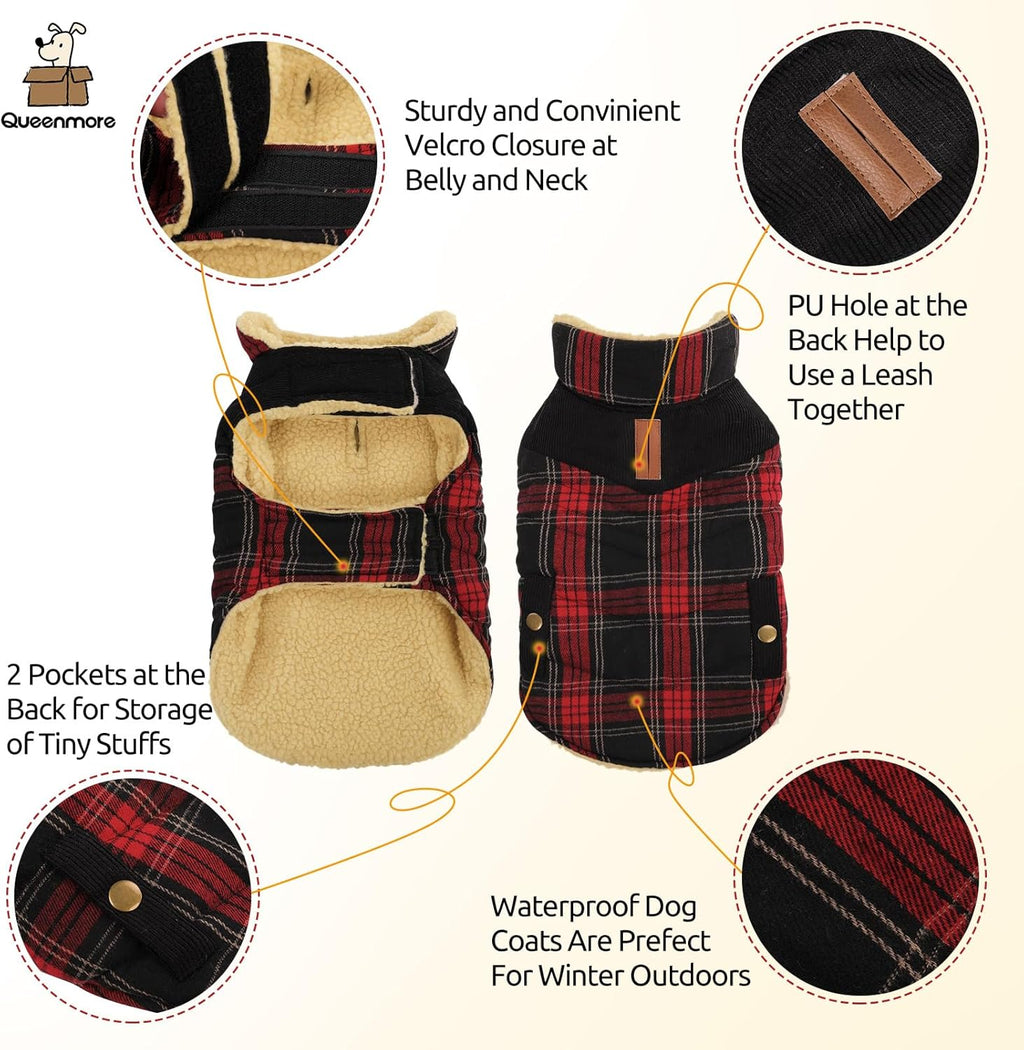 Queenmore Dog Winter Coat Warm Dog Jacket for Cold Weather, Quilting Puffer Plaid Coats for Small/Medium Dogs Waterproof,Girl/Boy Pet Christmas Coat,Pet Snowsuit with Leash Hole/Fleece Padding, S