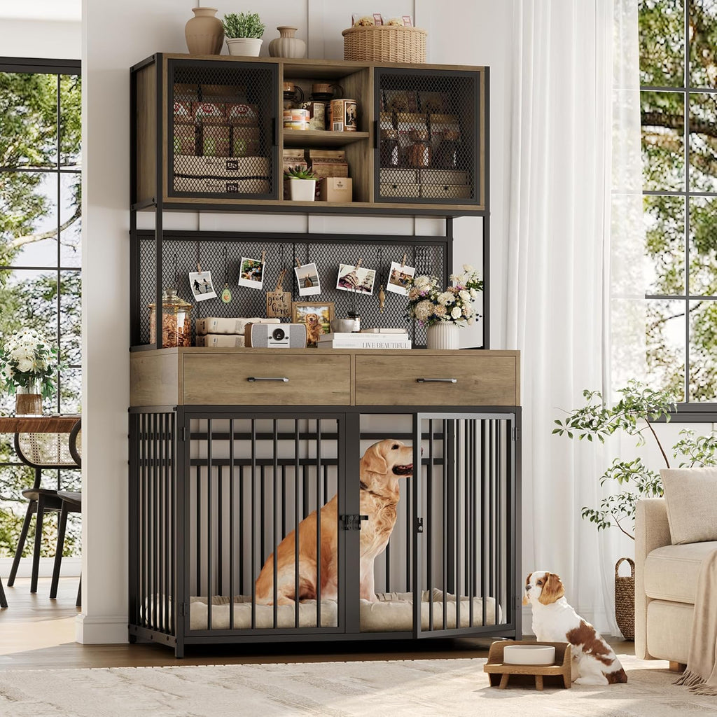 HITHOS 71" Tall Dog Crate Furniture, Indoor Dog Kennel with Hutch, 42" W Dog Cage for Large/Medium Dogs, Wood Dog Crates with 2 Storage Drawers, Heavy Duty Pet House, Rustic Brown