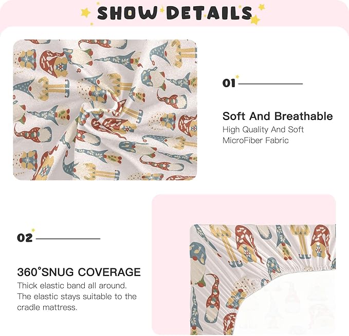 Colorful Gnomes Crib Sheets Soft Breathable Fitted Baby Playard Sheets Mattress Cover for Girl Boys, 39" x 27" x 5"