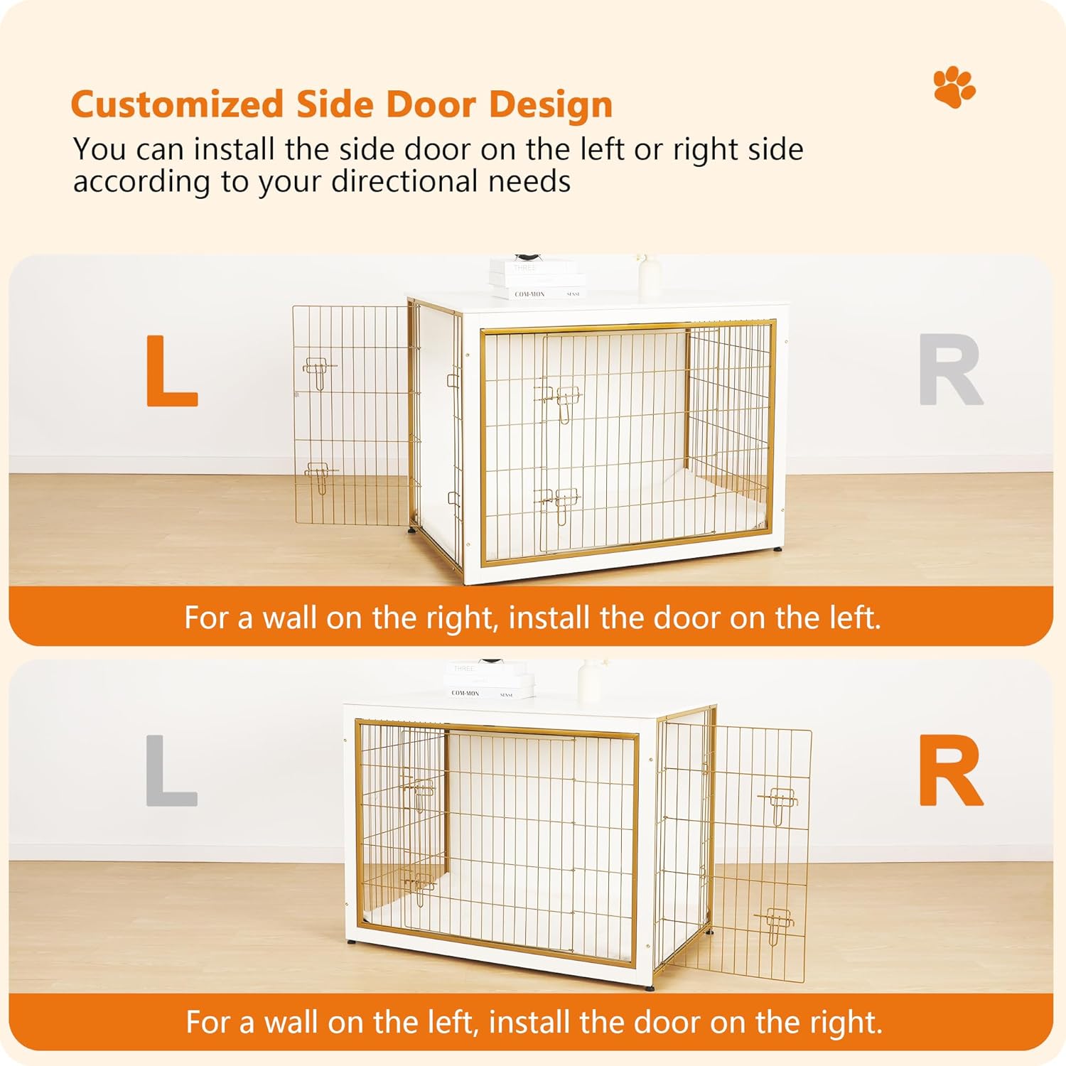 DWANTON Dog Crate Furniture with Cushion, Wooden Kennel Table with Double Doors, Indoor Dog House, Extra Large Size, 43.3" L, White+Gold