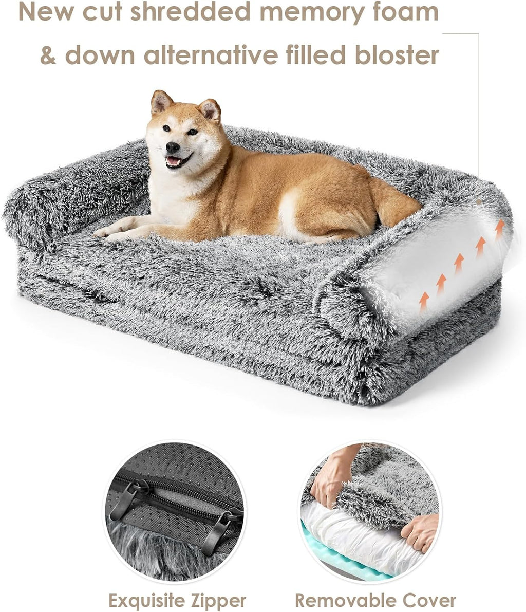EHEYCIGA Foldable XXL Dog Bed, Faux Fur Fluffy Pet Couch Bed for Extra Large Dogs, Orthopedic Calming Memory Foam Pet Bed, Washable Soft Pet Sofa Bed with Non-Slip Bottom, Faded Black, 54"x38"x7.5"
