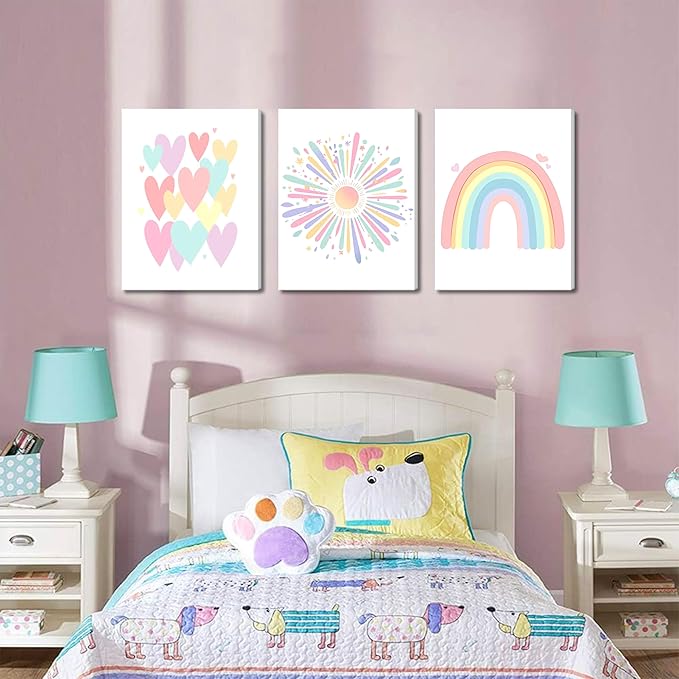 Framed Girls Rainbow Canvas Wall Art Set of 3, Colorful Boho Sun Nursery Wall Decor Painting, Kids Heart Picture Posters Prints for Classroom Kids Room Baby Room Bedroom Dorm Decor 12x16 In