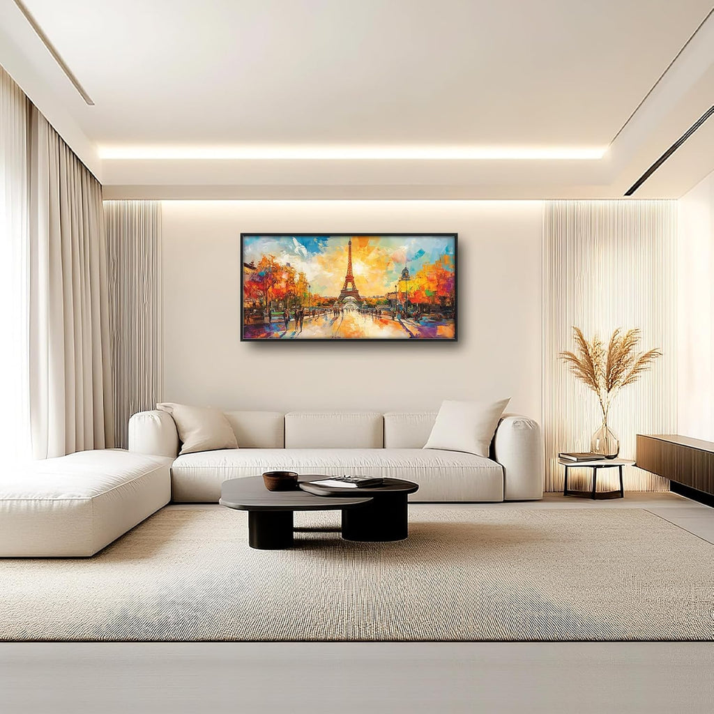 Framed Large Eiffel Tower Wall Art for Living Room, Oversized Paris City Street Landscape Wall Decor, Colorful Sunrise Canvas Painting Modern Artwork for Living Room Bedroom Office 60"x30"