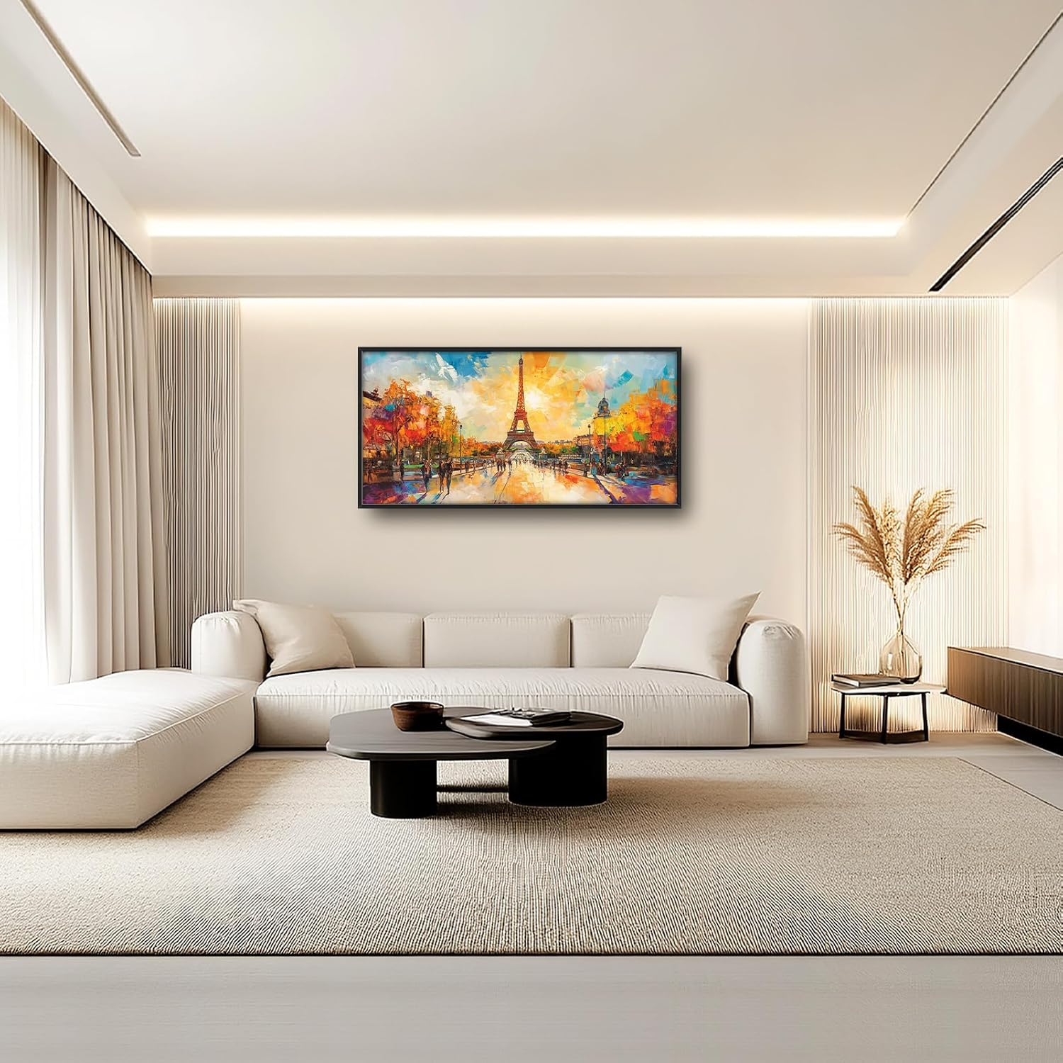 Framed Large Eiffel Tower Wall Art for Living Room, Oversized Paris City Street Landscape Wall Decor, Colorful Sunrise Canvas Painting Modern Artwork for Living Room Bedroom Office 60"x30"