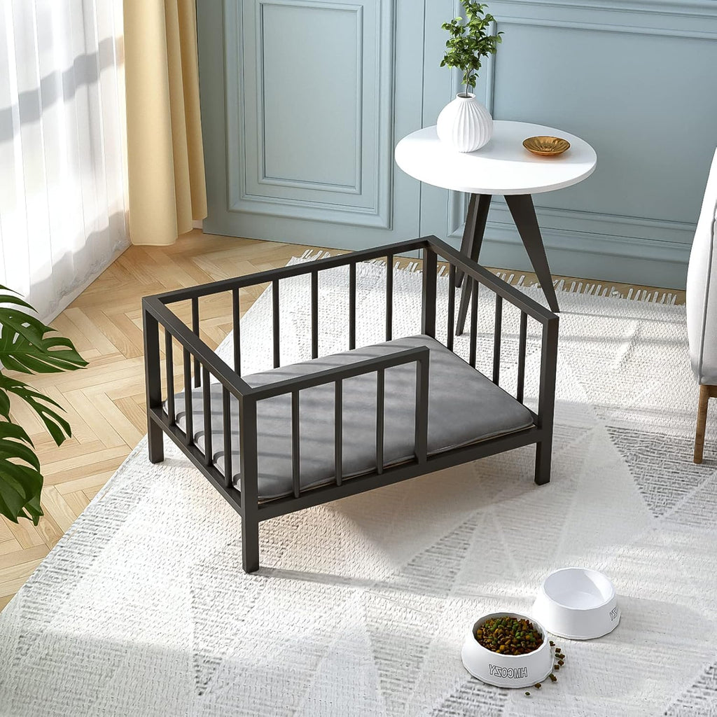 Dog Bed with Rails - Elevated Pet Metal Bed Frame with Solid Wood Board and Washable Soft Mat for Small Dog Indoor or Outdoor Use, 21.3" x 30", Black
