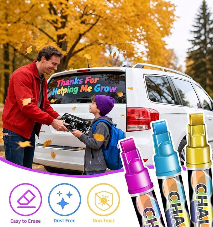 Liquid Chalk Markers for Blackboard, 12 Vibrant Color Dry Erase Marker Pens with 10mm 3 in 1 Wide Reversible Tip, Washable Chalkboard Markers Car Window Paint Pens for Christmas Glass Decor for Kids