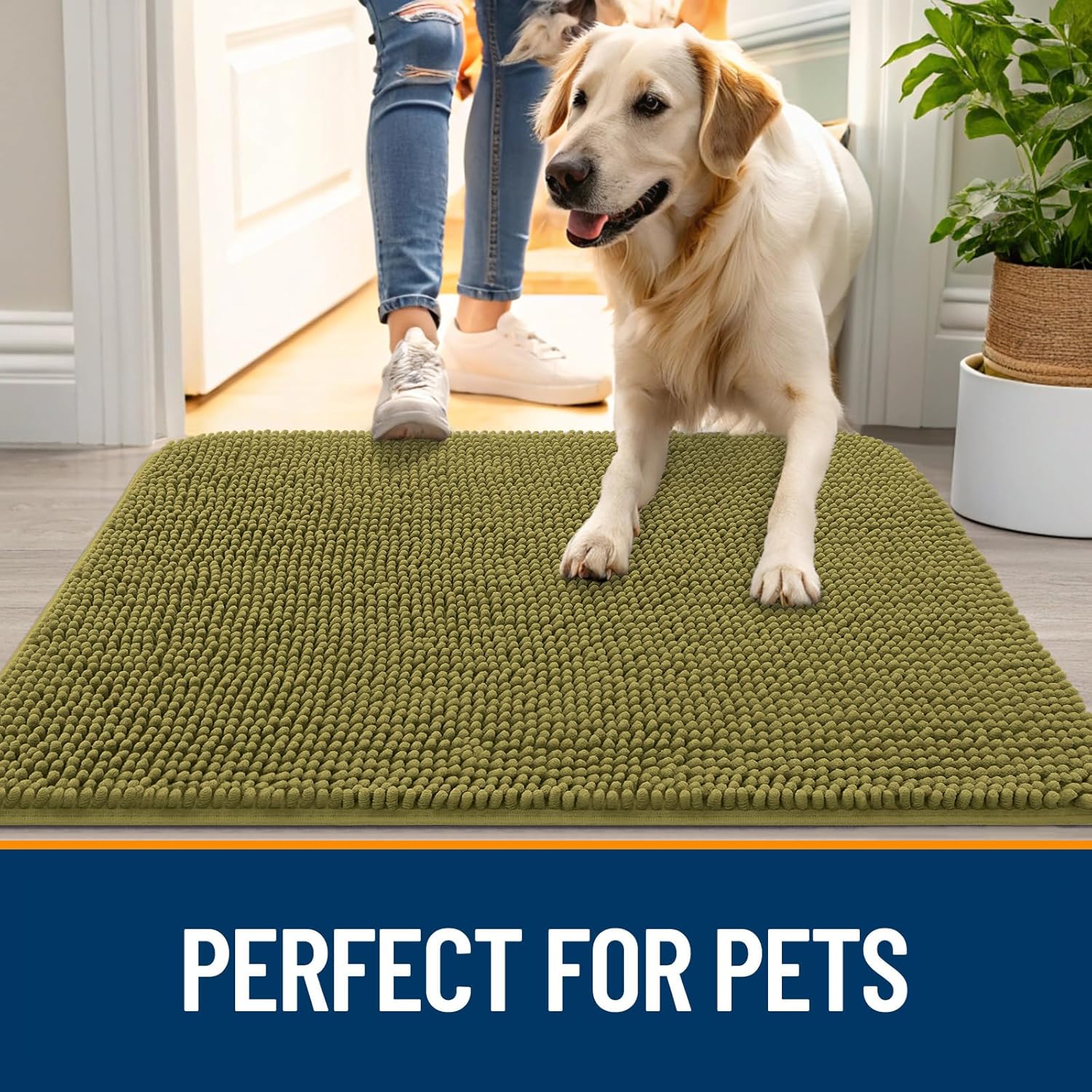 OLANLY Dog Door Mat for Muddy Paws 36x24, Absorbs Moisture and Dirt, Absorbent Non-Slip Washable Doormat, Quick Dry Chenille Mud Mat, Entry Indoor Entryway Carpet for Inside Floor, Willow Green