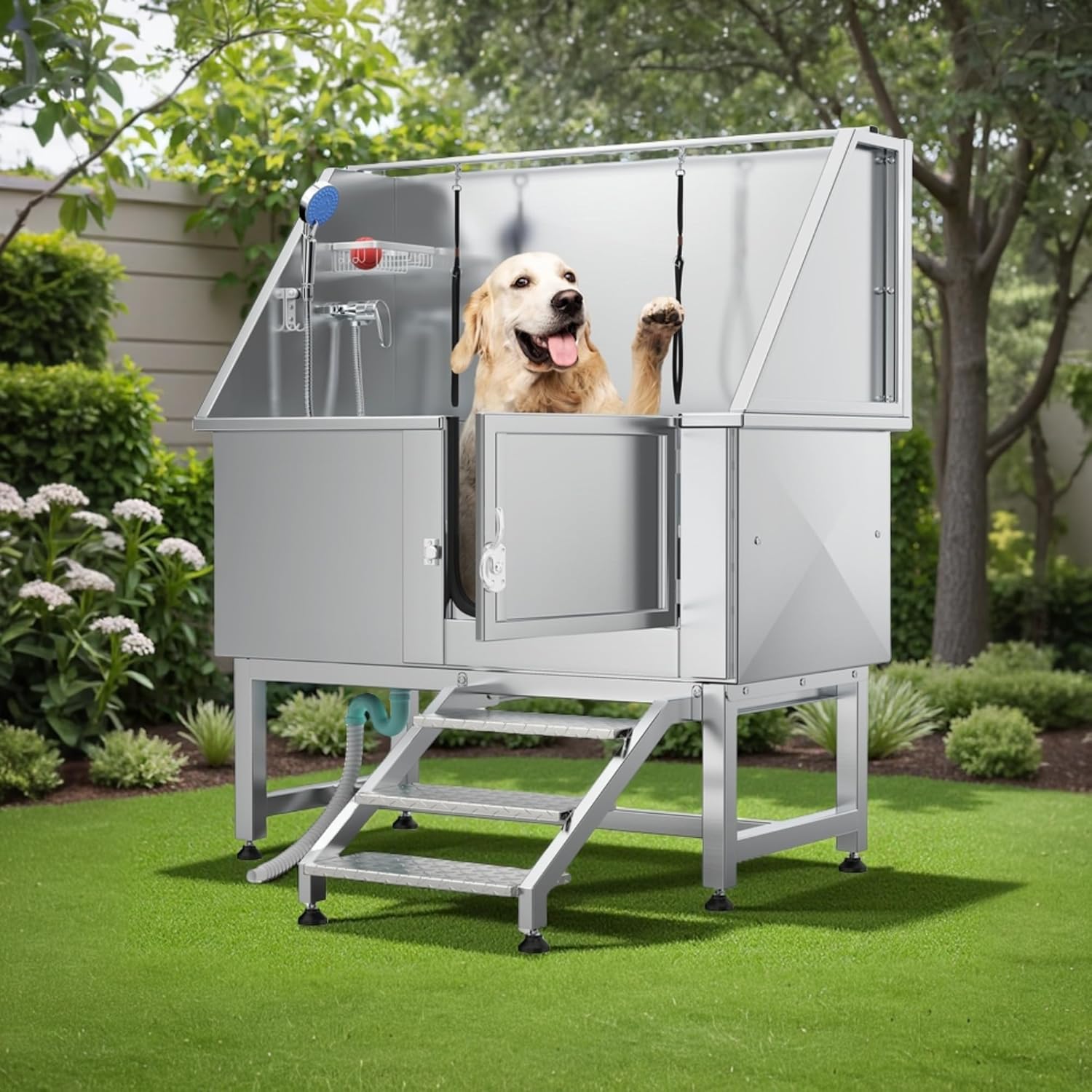 YITAHOME Professional Dog Bathtub 50in, Stainless Steel 304 Pet Grooming Station with Right Door & Floor Grate, Ideal for Large to Small Pets, Indoor & Outdoor Use