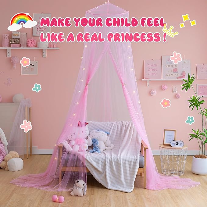 lazyzzz Bed Canopy for Girls with Glowing Stars, Canopy Bed Curtains Dome Mosquito Net for Queen King Size Kids Bed, Princess Room Decor Ceiling Tent for Baby Crib and Adult Bed