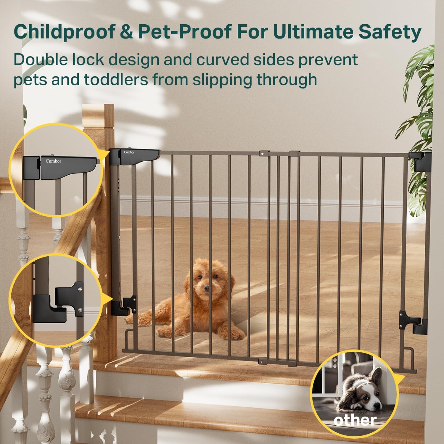 Cumbor 29.2-43" No Bottom Bar Baby Gate for Stairs, 2-in-1 Hardware Mounted Dog Gate Indoor, Pet Gate for Doorways with Large Walk Thru Door, Child-Proof Safety Gate for Top & Bottom of Stairs (Brown)