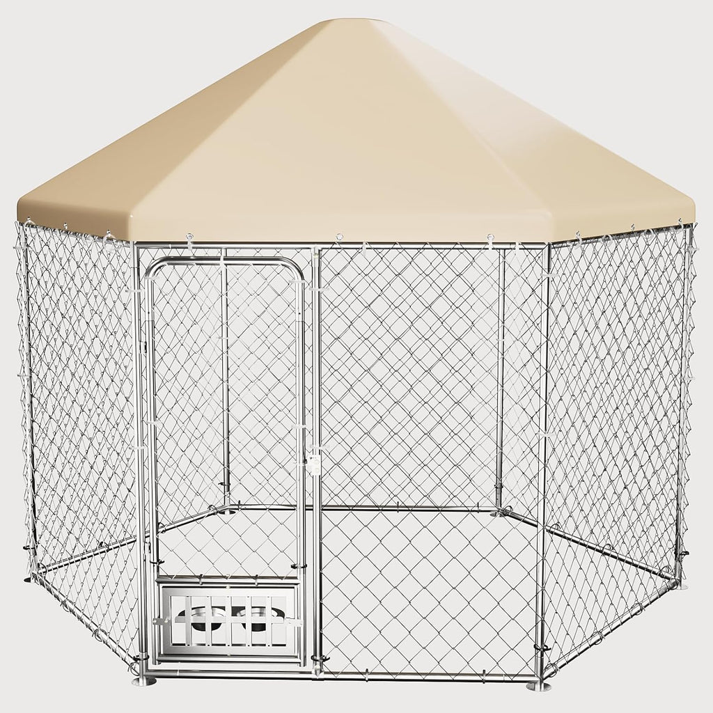 Outdoor Dog Kennel with Cover, Large Dog Run Fence House Big Cage Pen Enclosure, Heavy Duty Dogs Play Cage Pen Kennel (110" L x 95" W x 92.8" H)