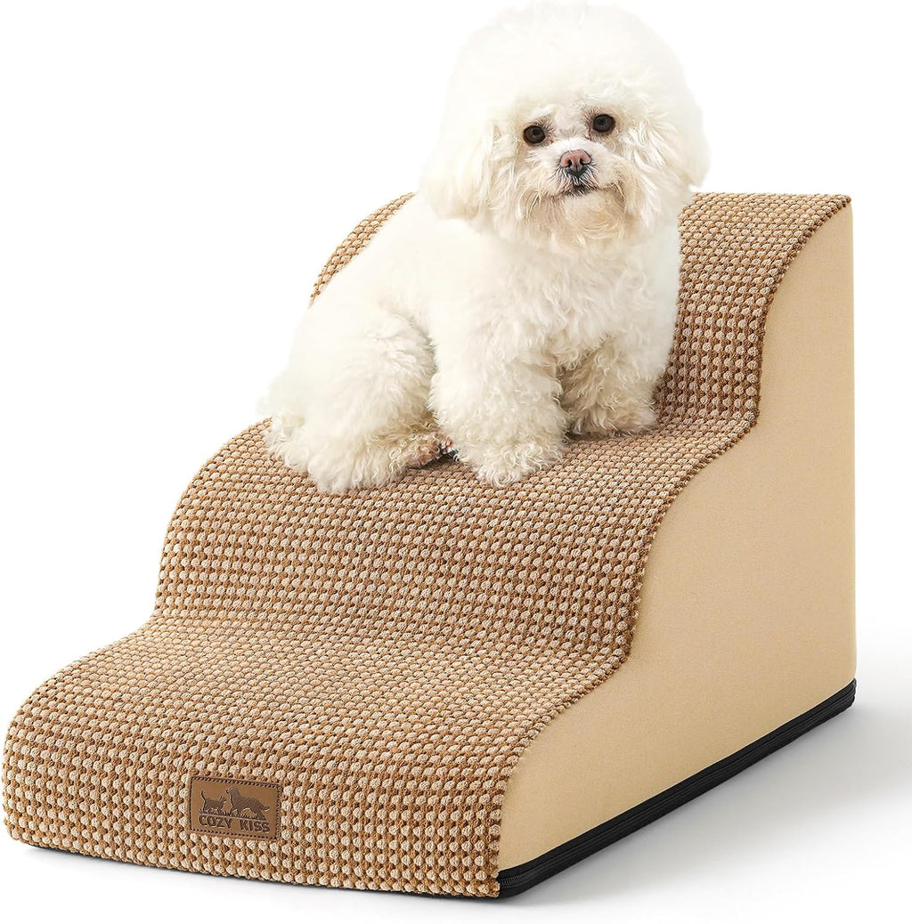 Dog Stairs for Small Dogs 15.7" H, Curved Dog Step for Puppy, Older Cat, Medium Pet Ramp for Sofa, Couch or Chair, Ladder with High Density Foam, 15.7x22.4x15.7 inch, 3 Step, Light Brown
