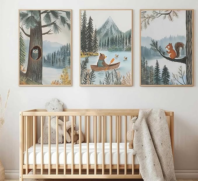 3Pcs Woodland Animal Nursery Canvas Wall Art Cute Watercolor Forest Wild Animals Bear Owl Squirrel Painting Picture Wall Decor Poster Print Artwork for Boy Girl Kids Bedroom Home Decoration Unframed