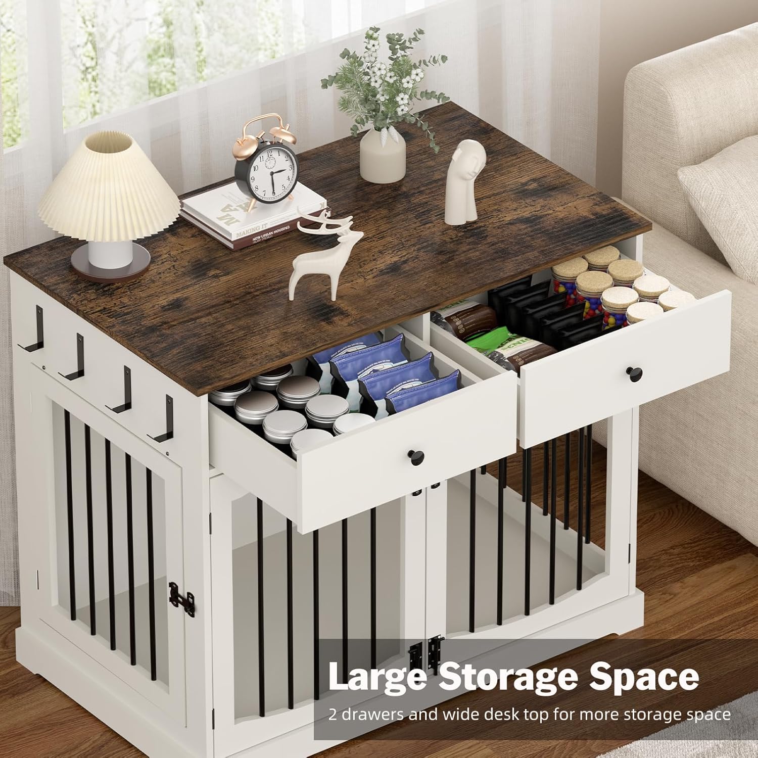 40 Inch Furniture-Style Dog Crate-Multipurpose Wood Pet Crate Furniture with Double Doors,2 Drawers, Decorative Dog House Indoor for Smal/Medium Dogs, White Finish