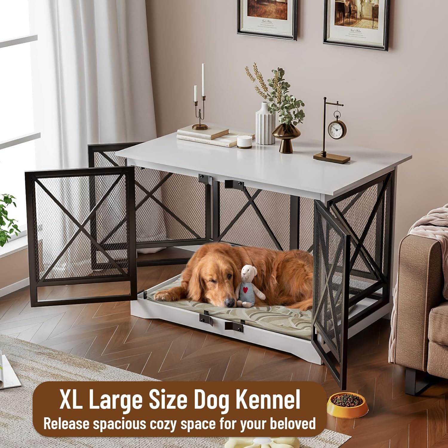 COZPAW Large Dog Crate Furniture - 48 inch Heavy Duty Dog Kennel Indoor for XLarge Breed with Double Doors, Wooden Dog Cage XL Modern Decorative End Table Pet House (White)