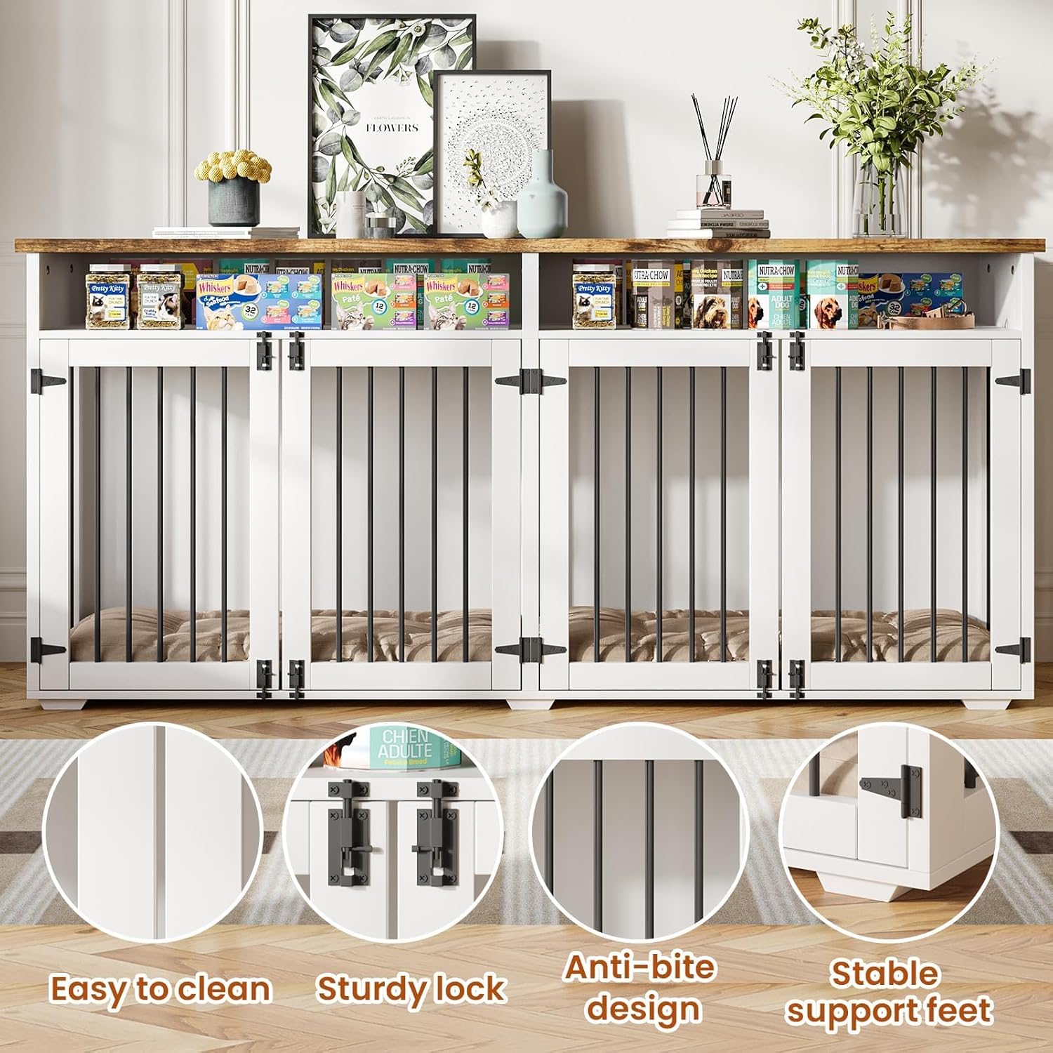 72'' Dog Crate Furniture for 2 Dogs, Wooden Dog Cage with Storage Compartment, Indoor Dog Kennel with 4 Doors for Large/Medium Dogs, White