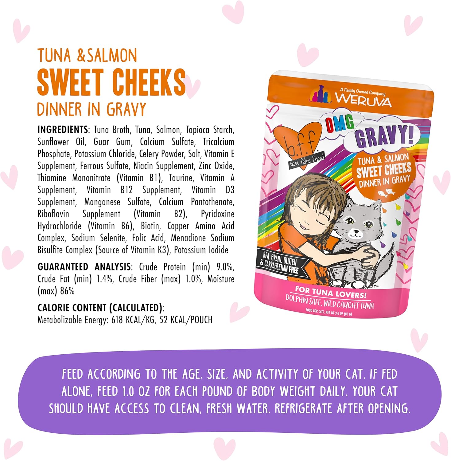 Weruva B.F.F. OMG - Best Feline Friend Oh My Gravy!, Tuna & Salmon Sweet Cheeks with Tuna & Salmon in Gravy Cat Food, 3oz Pouch (Pack of 12)