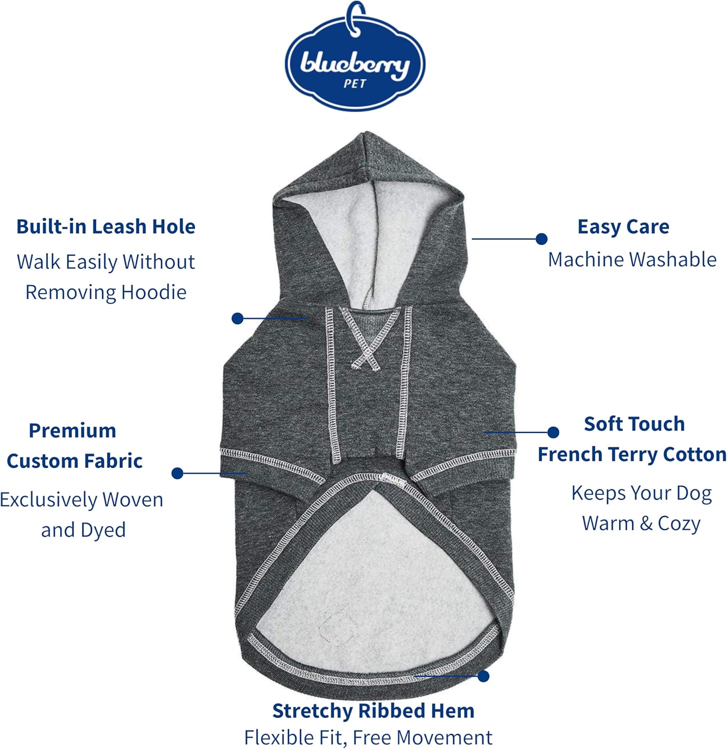 Blueberry Pet Essentials Dog Hoodie – 10 inch, Cotton‑Blend Sweatshirt with Hood, Charcoal Grey, Machine‑Washable Small‑Dog Jersey