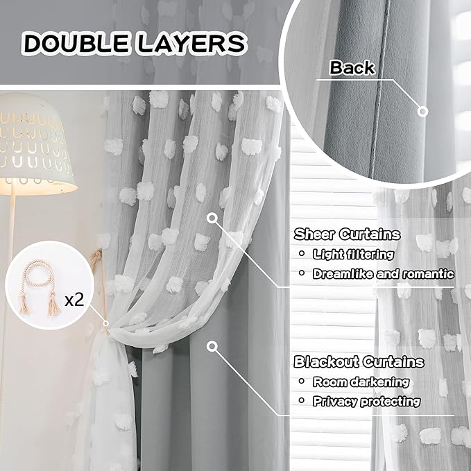 MYSKY HOME Living Room Curtains, 84 Inch Long Grey Blackout Curtains with Pom Pom Trim, Double Layer Sheer Drapes for Kids Room, W52 x L84