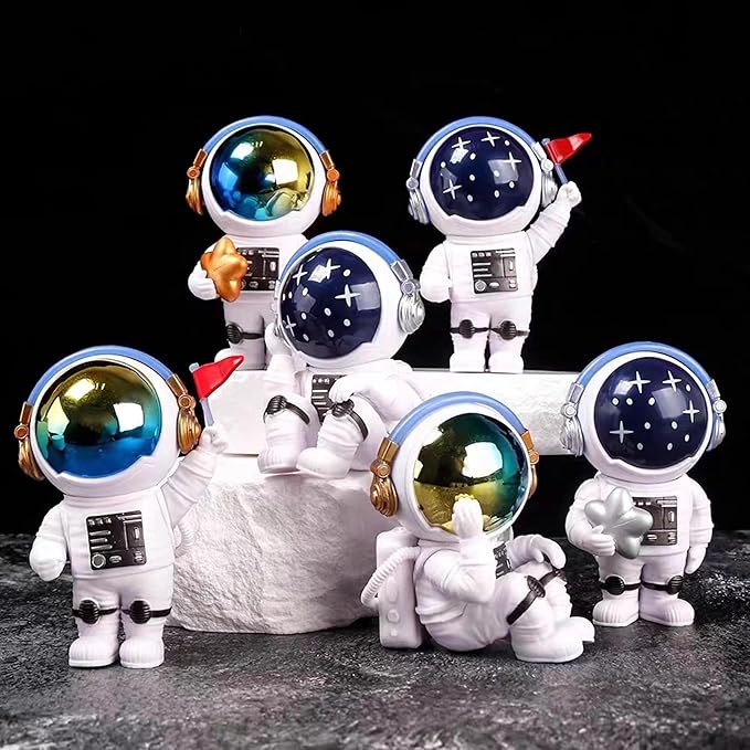 Blue Stars Astronaut Statues, Resin Space Theme Figurines Cake Toppers Shelf Room Decor