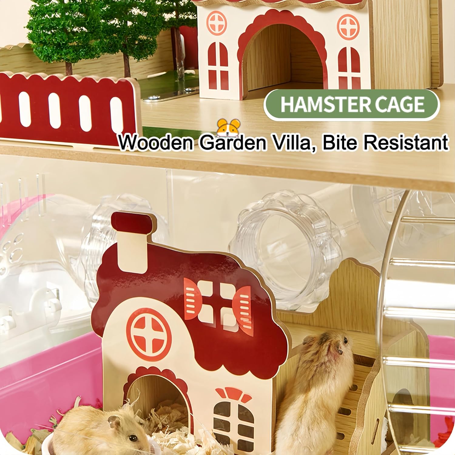 12 in 1 Clear Acrylic Hamster Cage with All Accessories,13.5''L*10''W*15''H Dwarf Hamster Cage,Magnetic Connection Small Hamster Enclosure,Wooden Mouse Cage for Pet Mice(2-Layer,Pink) Install Required