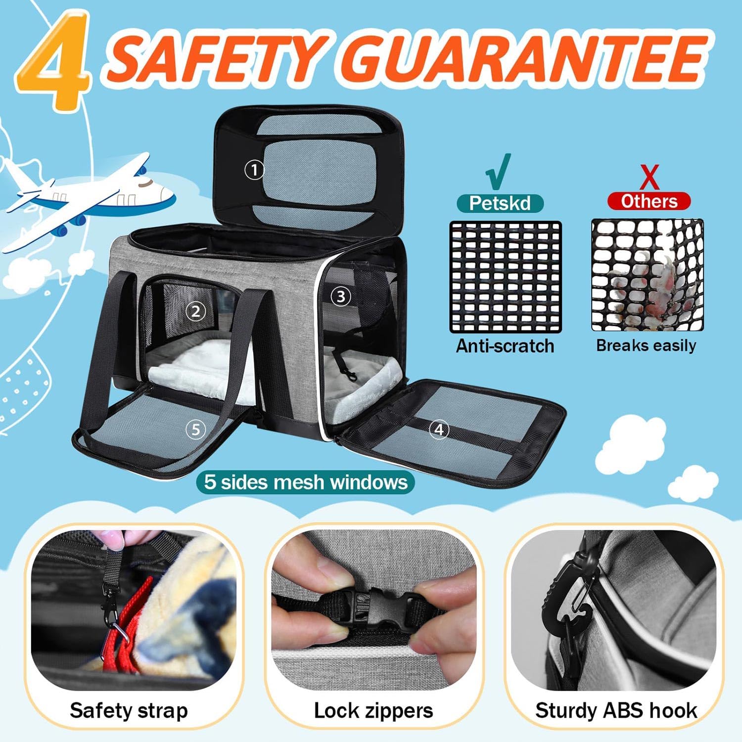 Petskd Top-Expandable Pet Carrier 17x12x8.5 Inches JetBlue Allegiant Spirit Airline Approved, Soft-Sided Carrier for Small Cats and Dogs with Locking Safety Zippers and Anti-Scratch Mesh(Grey)